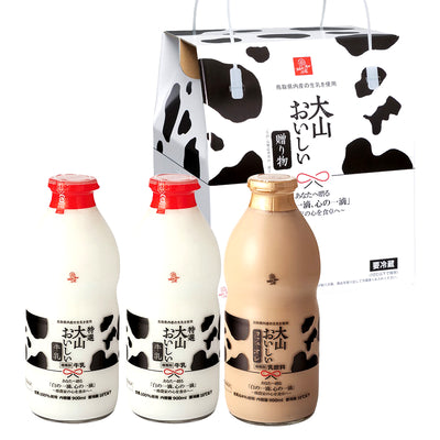 大山おいしいギフトミルク|特選大山おいしい牛乳・大山おいしいカフェ・オ・レのガラスびんギフトセット(鳥取県産生乳使用)